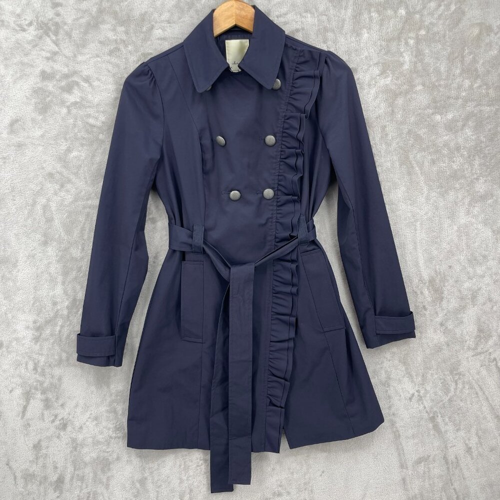 Elevenses Navy Ruffle Double Breasted Belted Mid Length Trench Coat - Picture 1 of 15